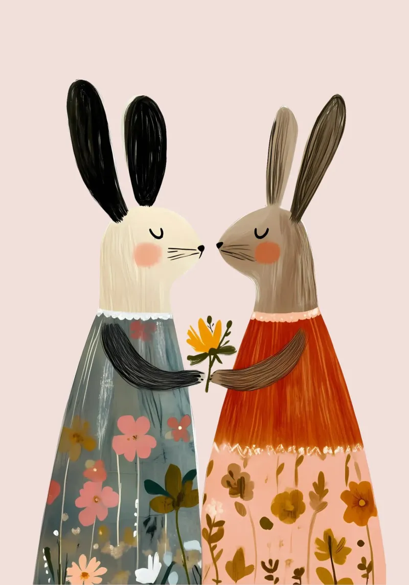 Two Rabbits Giving Flower Bohemian Art Print canvas with Floater frame by vintagepod