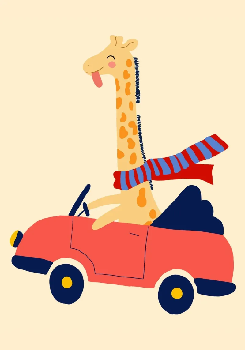 Happy Giraffe in a Red Convertible Art Print canvas with Floater frame by vintagepod