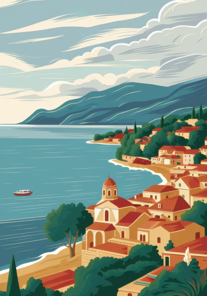 Cliffside Village Serenity poster con telaio in alluminio da Moon Revolver