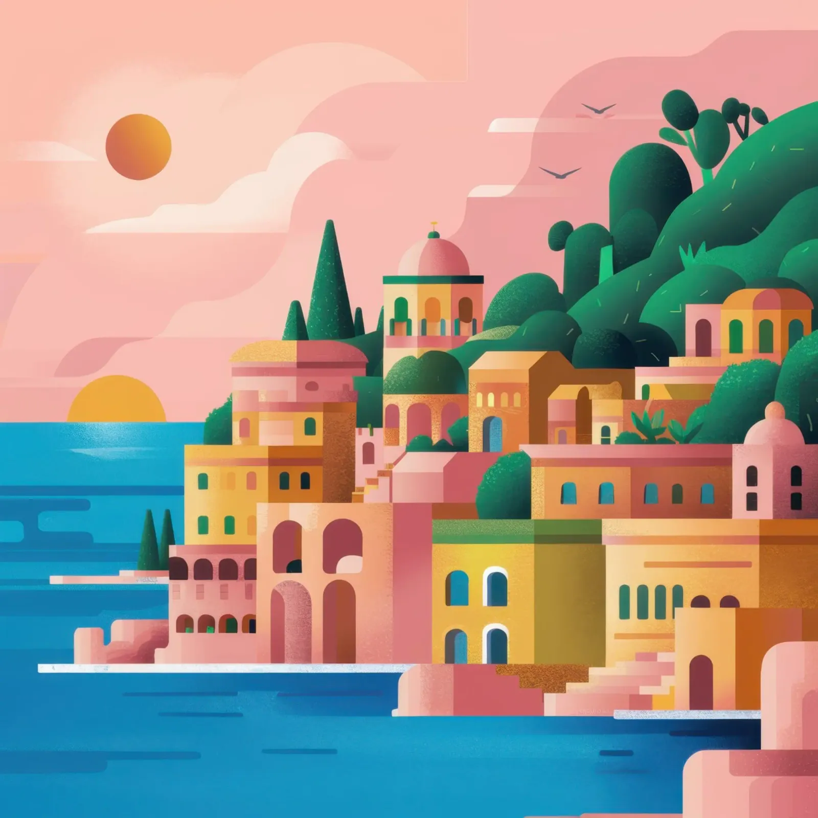 Tramonto della città costiera poster da Wish Studio
