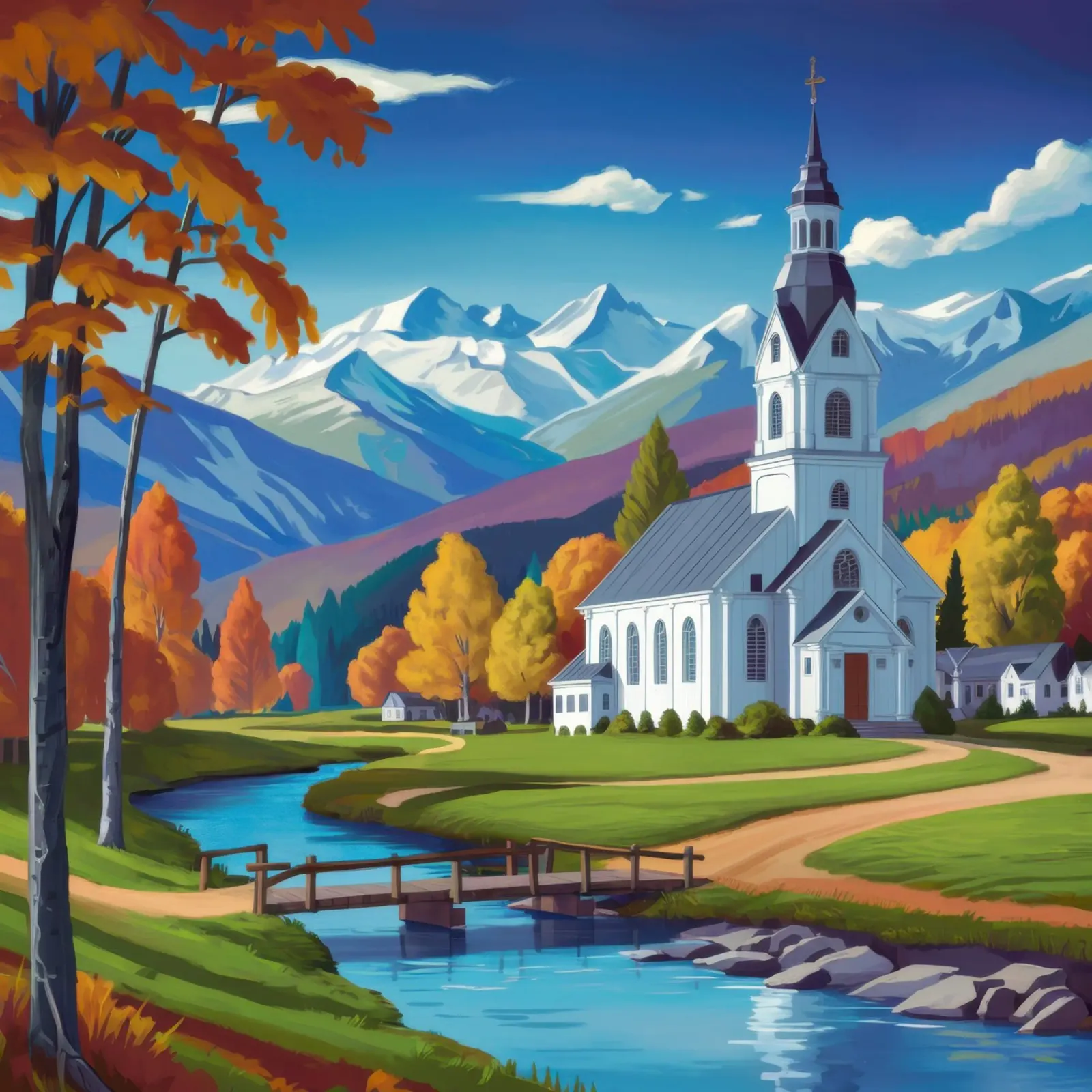 Autumn Church by the River canvas with Floater frame by Wish Studio