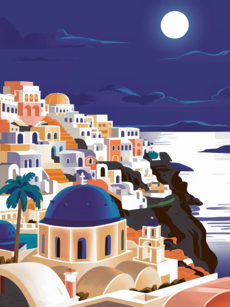 Santorin Sérénité au clair de lune poster avec cadre en aluminium de Moon Revolver
