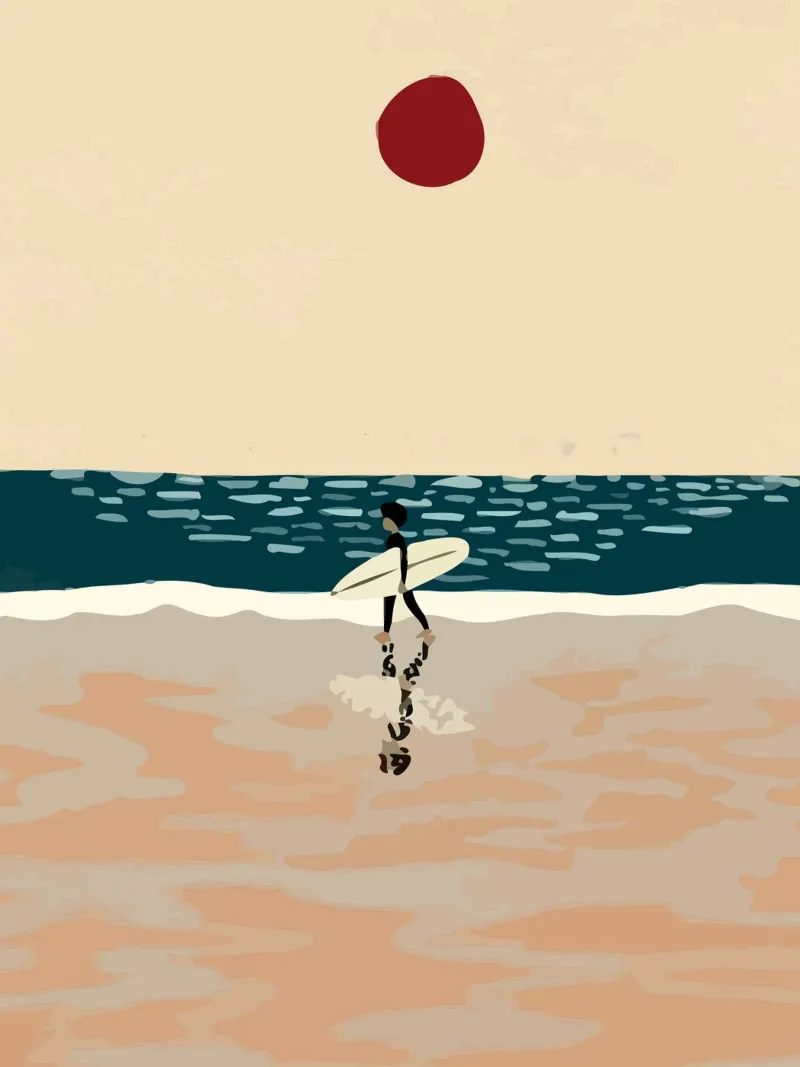 someone carrying a surfboard walking on the beach Leinwand mit Schattenfugenrahmen von Dumery Art