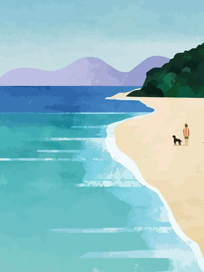 enjoying the view on the beach with the dog poster con telaio in alluminio da Dumery Art