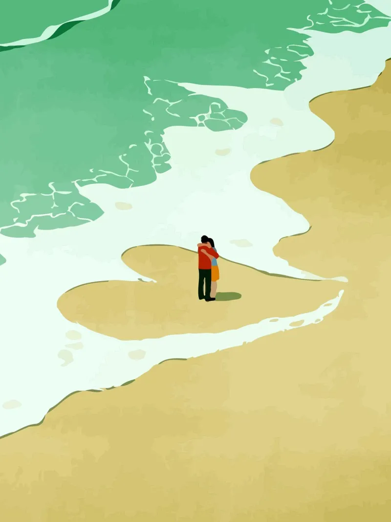 hugging on the beach poster con telaio in alluminio da Dumery Art