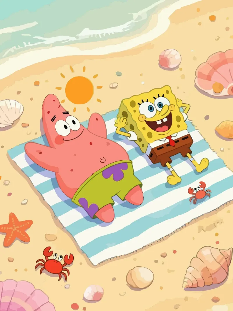 Spongebob and Patrick relaxing on the beach canvas with Floater frame by Dumery Art