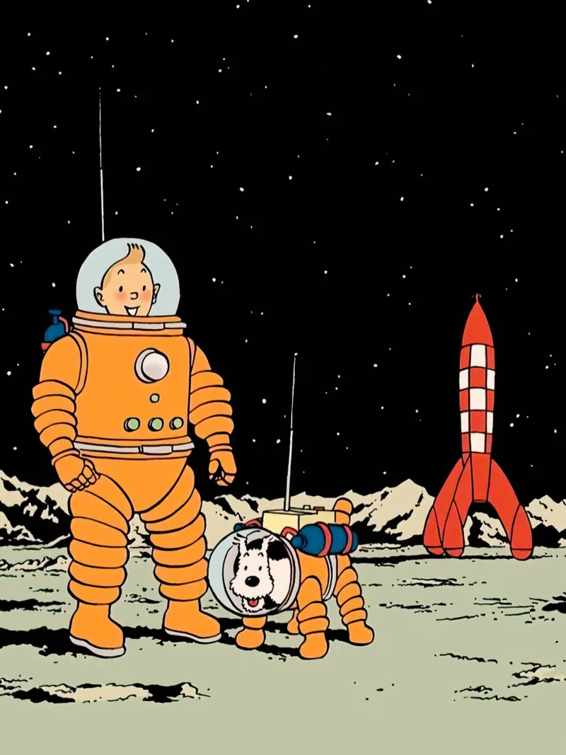 Tin Tin the astronaut and his dog on the moon canvas with Floater frame by Dumery Art