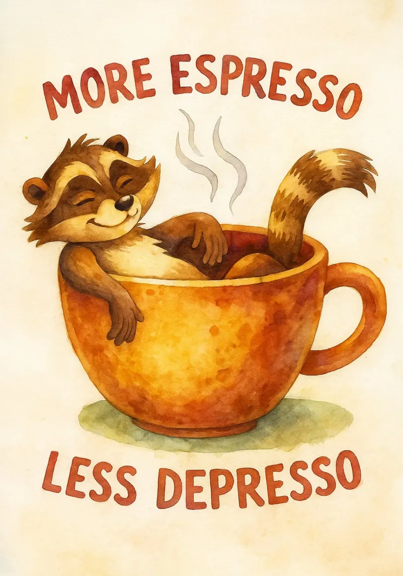 mapache gracioso más espresso menos depresso poster de tanabaroo