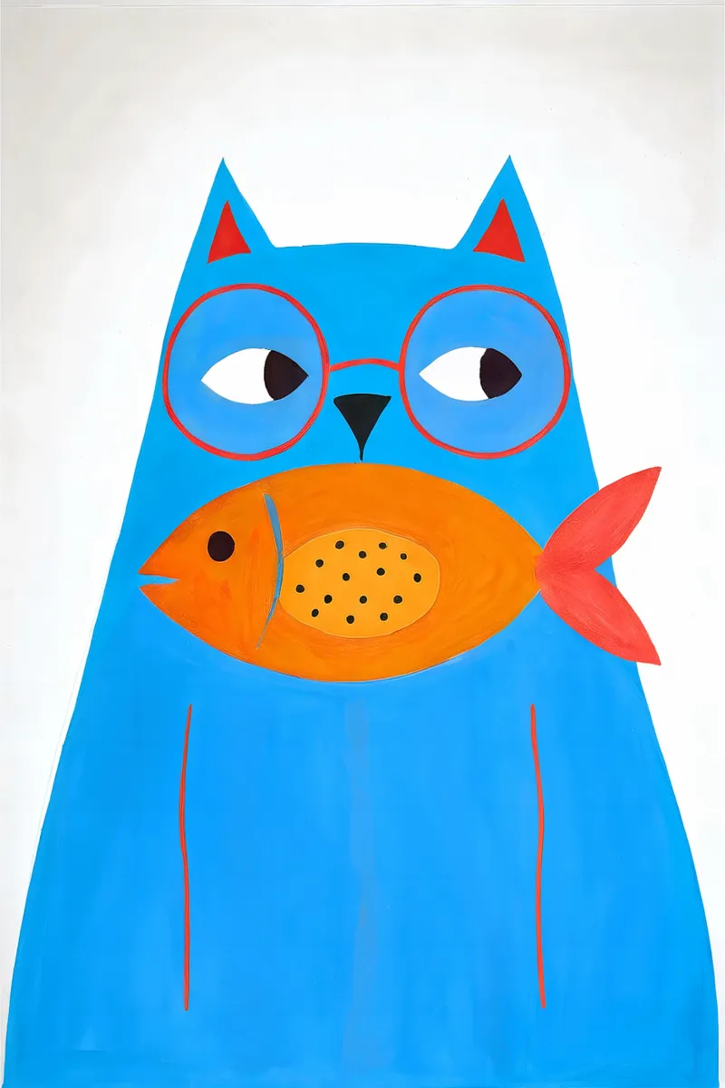 Gatto blu con occhiali e pesci - poster di animali per la stanza dei bambini tela con Cornice a cassetta da KidzStudio
