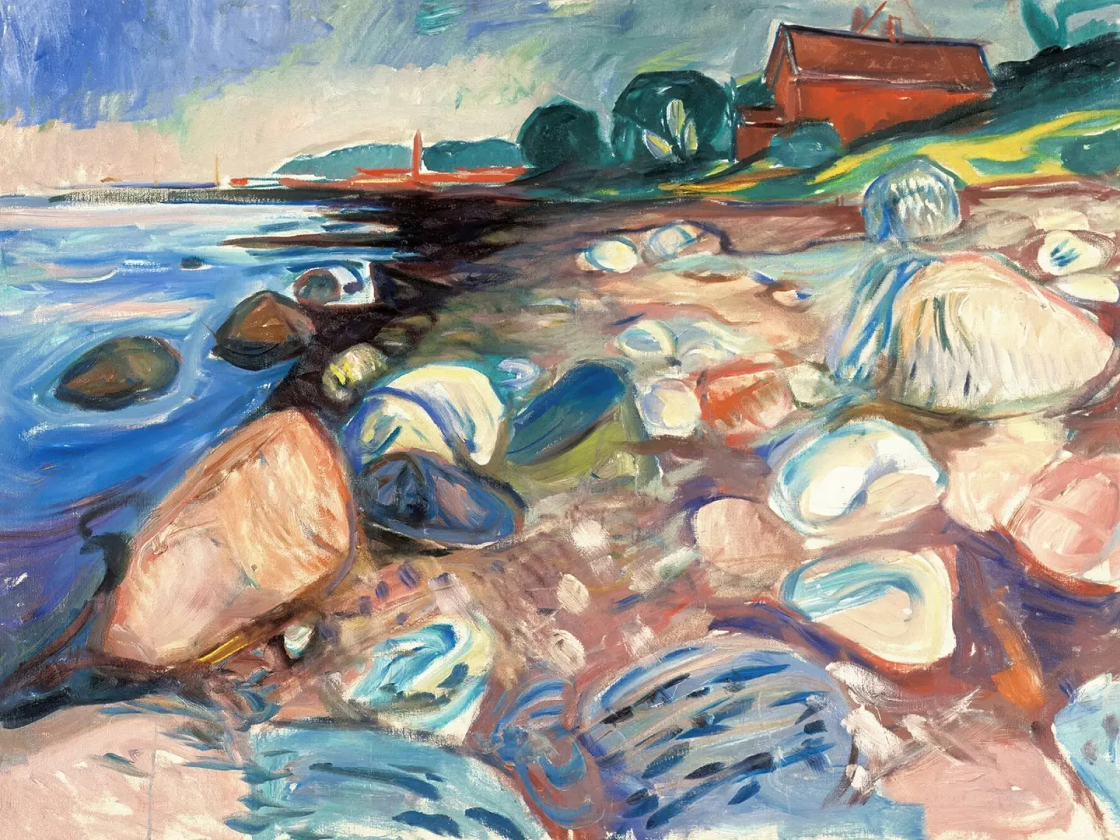 Ufer mit rotem Haus von Edvard Munch Leinwand mit Schattenfugenrahmen von Slowlylow