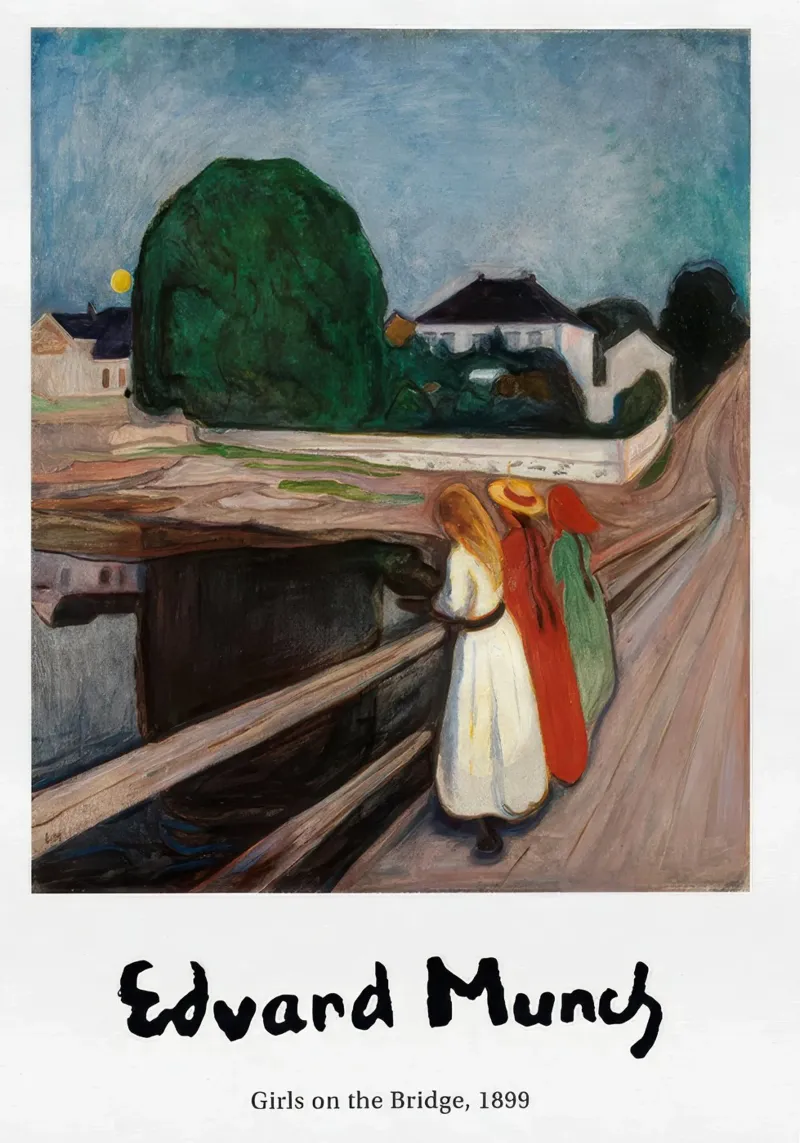 Poster di Edvard Munch - Ragazze sul ponte poster con telaio in alluminio da Slowlylow