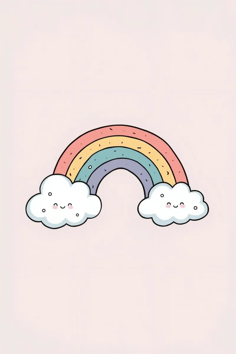 Netter Cartoon Regenbogen mit glücklichen Wolken auf rosa Hintergrund Poster von DesignDoodle
