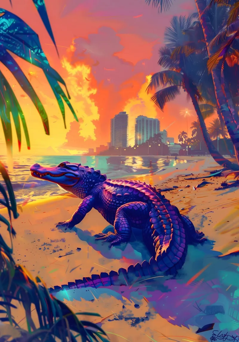 Alligatore Miami Beach arte mistica e fantasy poster con telaio in legno da WILD ART