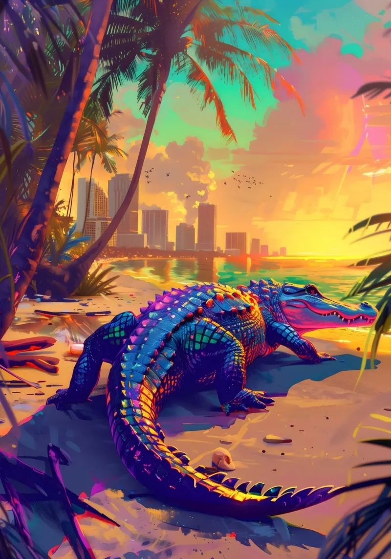 Miami Beach Alligator mystical fantasy art canvas with Floater frame by WILD ART