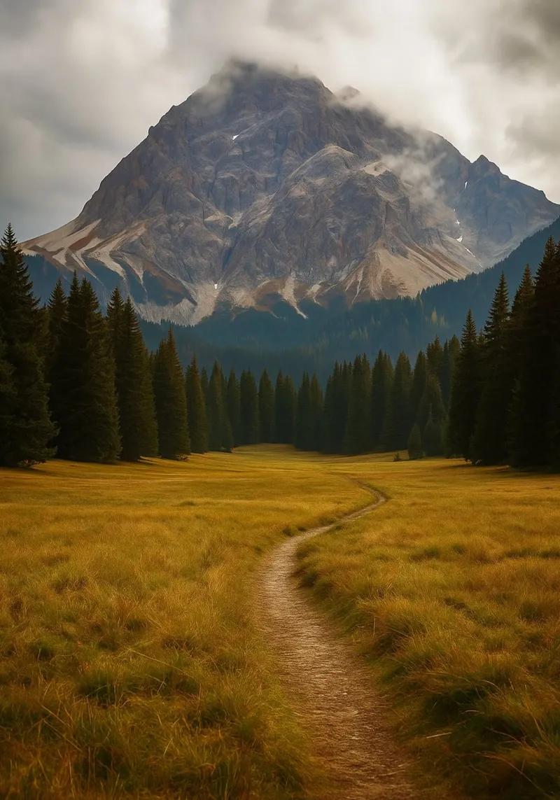 path through the meadow to the mountain nature panorama poster by chinerei