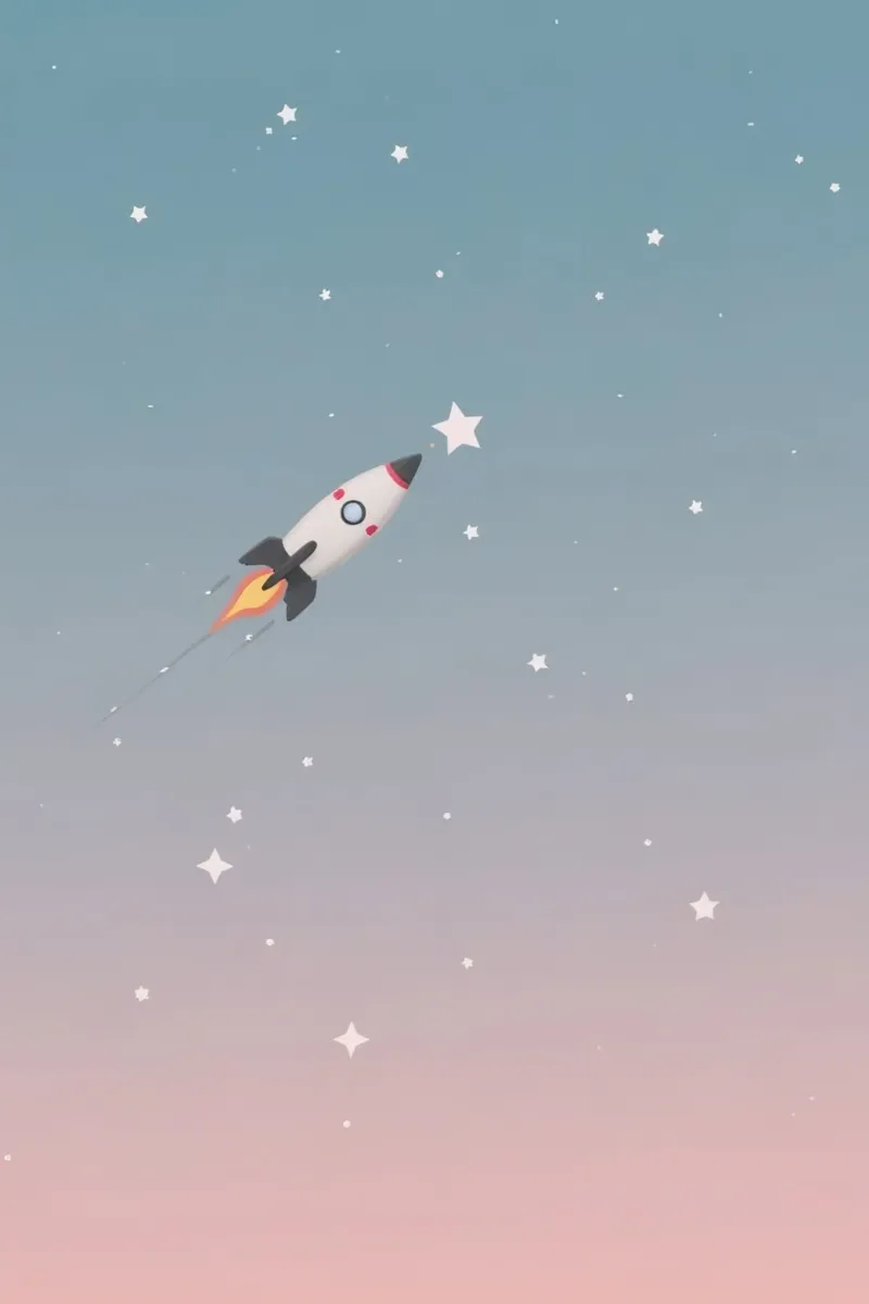 Cartoon Rocket Ship Reaching for Star in Starry Gradient Sky (Fusée de cartoon atteignant une étoile dans un ciel étoilé en dégradé) poster avec cadre en aluminium de DesignDoodle