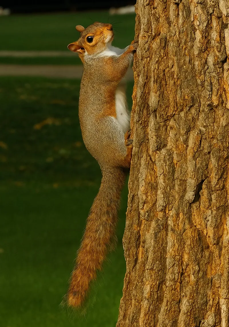 scoiattolo che si arrampica su un albero panorama della natura poster con telaio in legno da chinerei