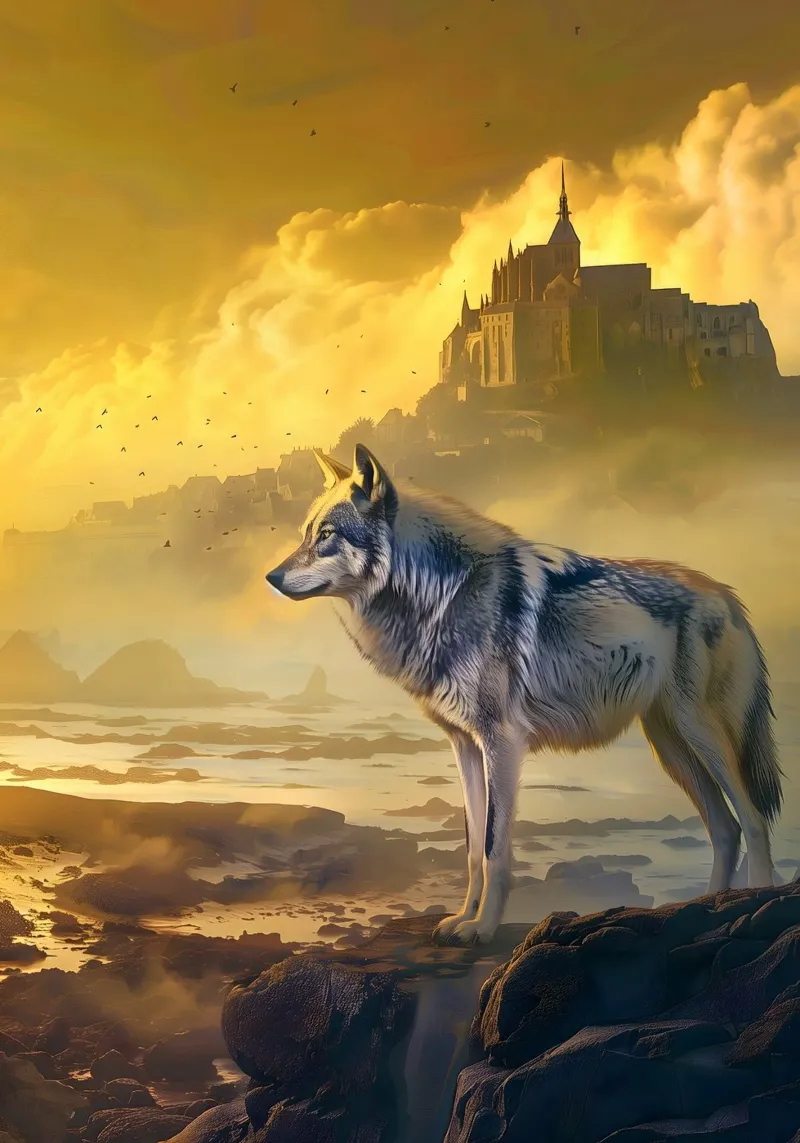 Lupo a Mont Saint Michel arte mistica e fantasy tela con Cornice a cassetta da WILD ART