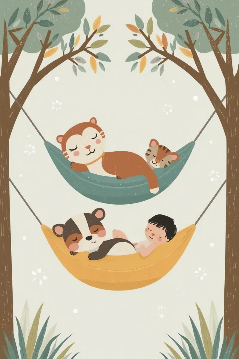 Bambino e animali che dormono tranquillamente in amaca tela con Cornice a cassetta da DesignDoodle