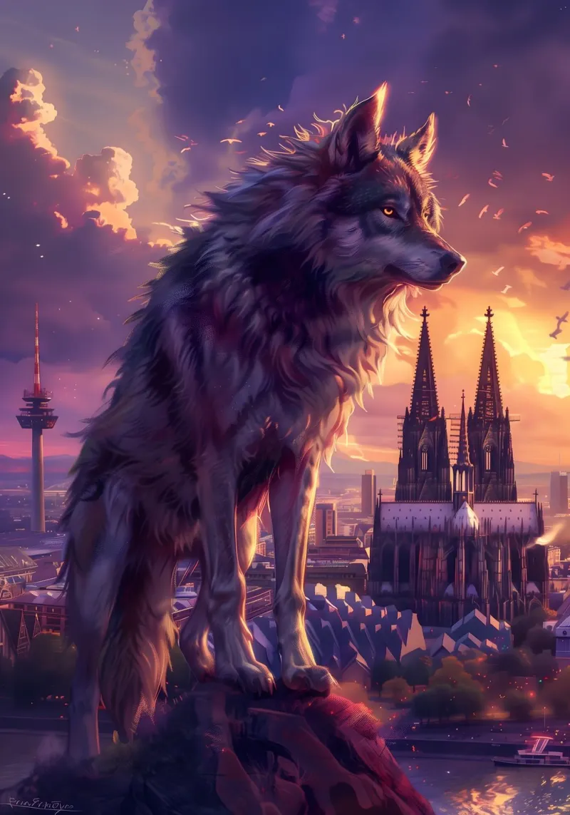 Wolf in Cologne mystical fantasy art canvas with Floater frame by WILD ART