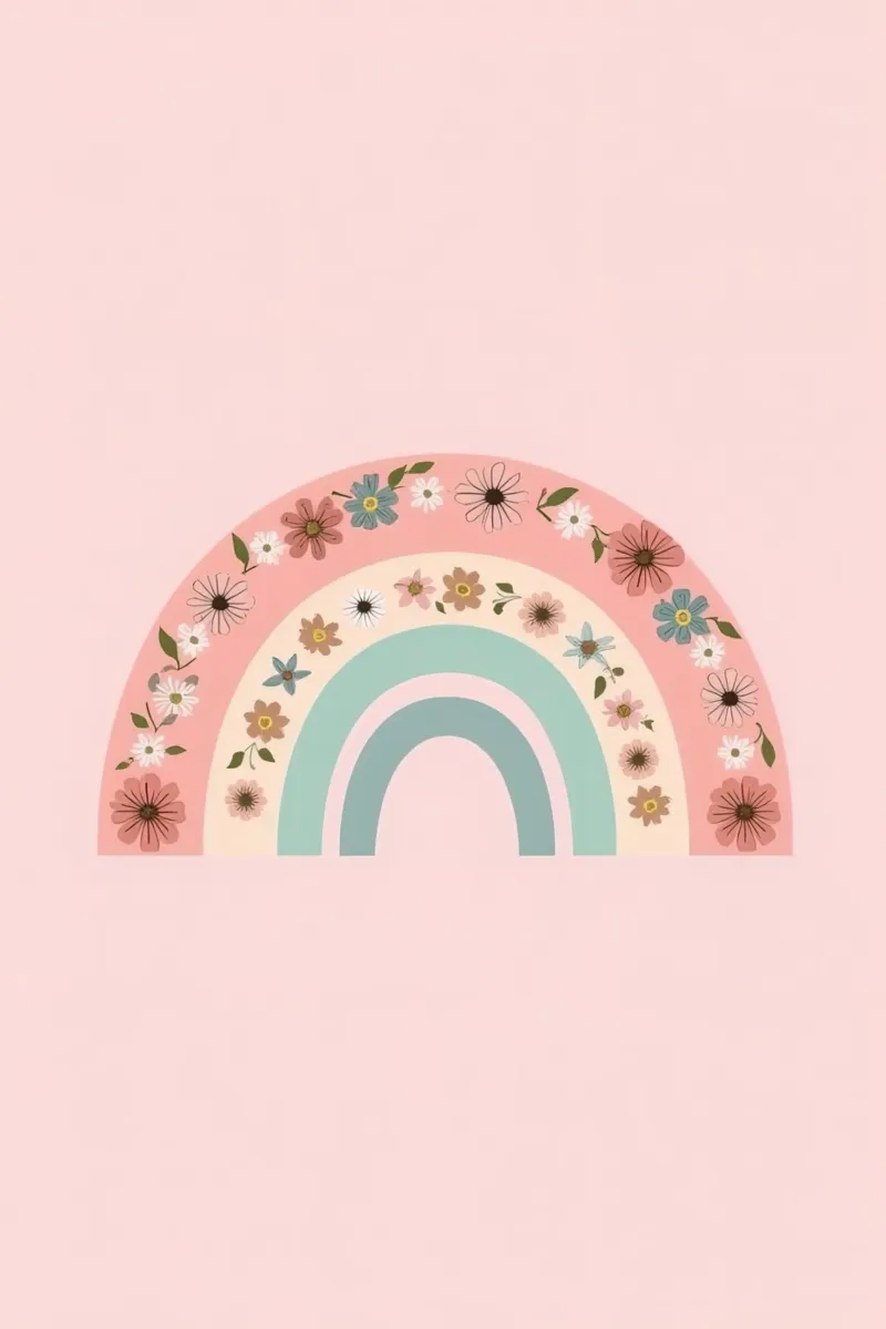 Sfondo rosa arcobaleno decorato con fiori poster con telaio in legno da DesignDoodle