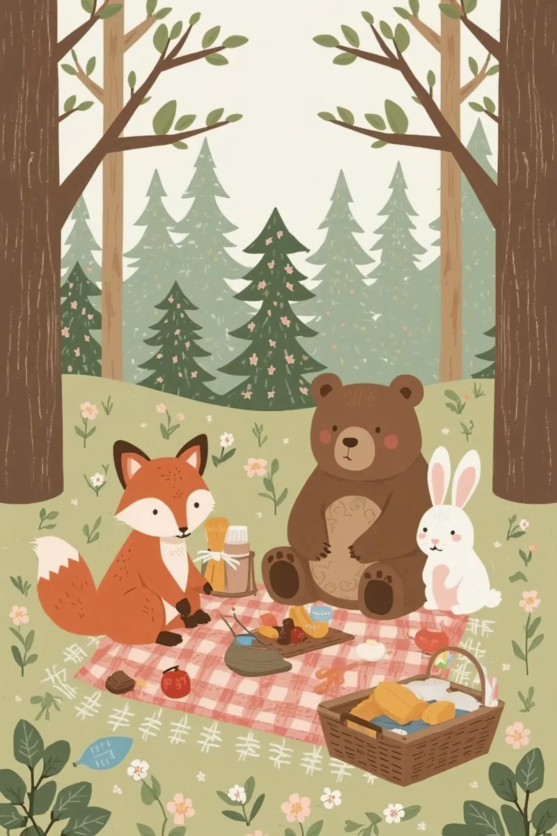 Volpe, orso e coniglio, simpatici e divertenti, fanno un picnic nella foresta poster da DesignDoodle