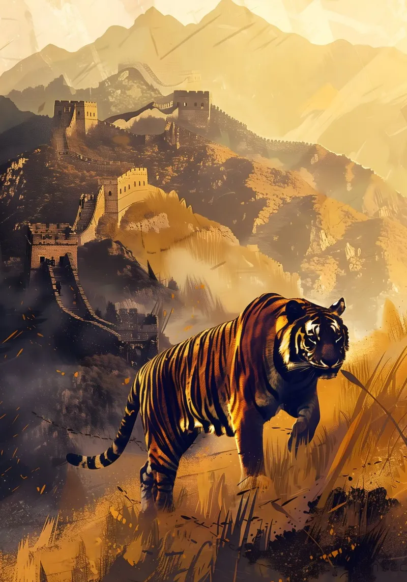 Chinese wall with tiger mystical fantasy art canvas with Floater frame by WILD ART