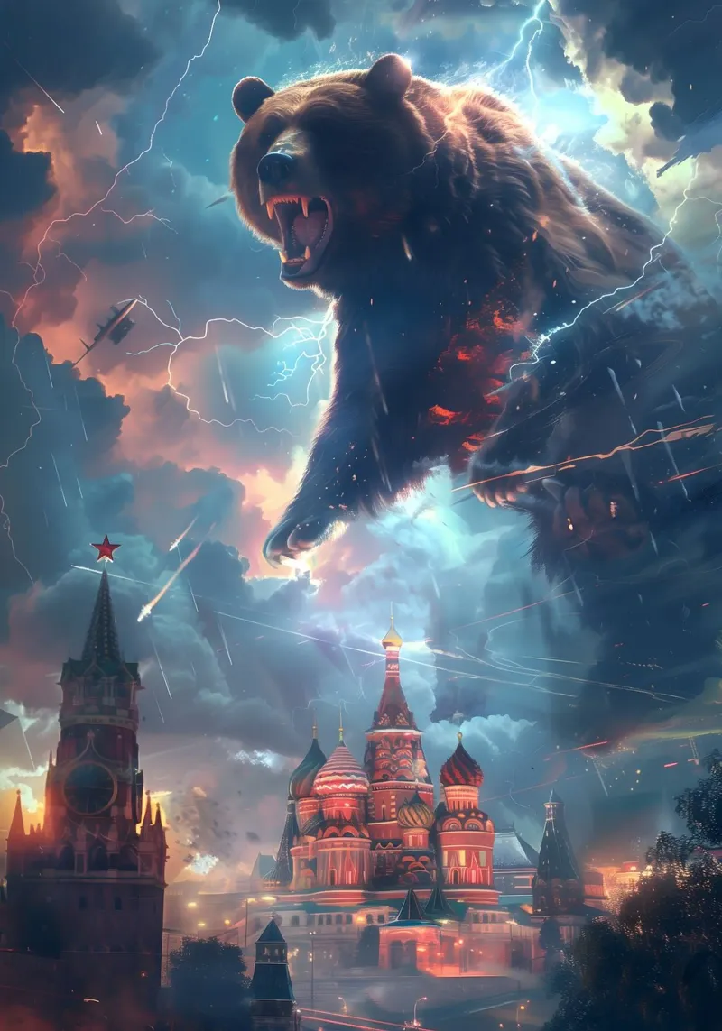 Bear over Moscow mystical fantasy art canvas with Floater frame by WILD ART