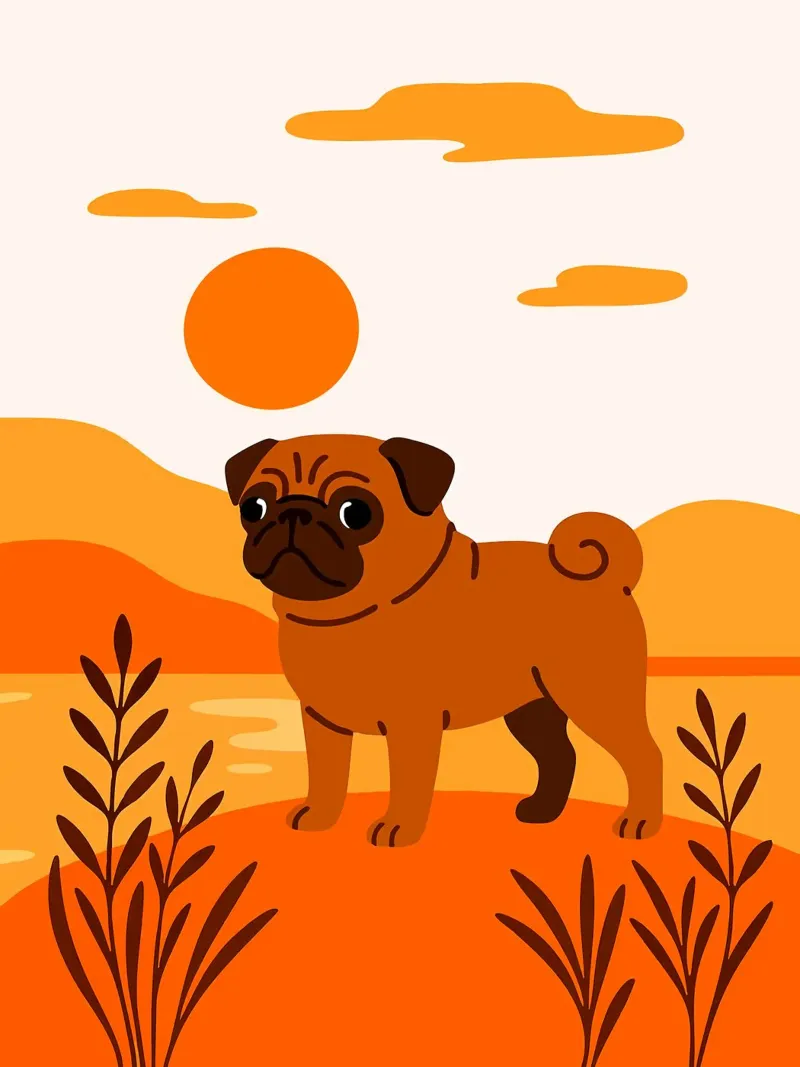 Pug in Autumn Sunset Lake Hill Funny Cute Minimalist Art Ill canvas with Floater frame by Leon B Feierabend