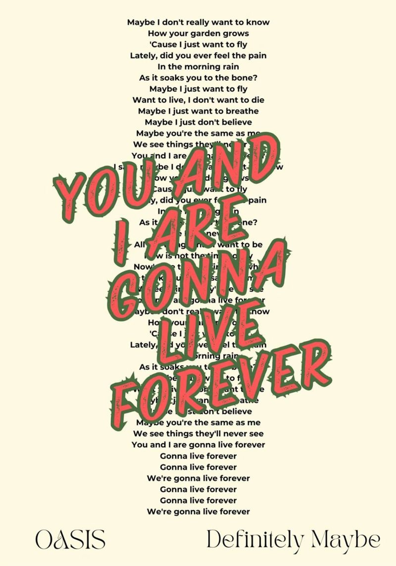 Oasis - Live Forever typography design poster con telaio in plastica da Proper job studio
