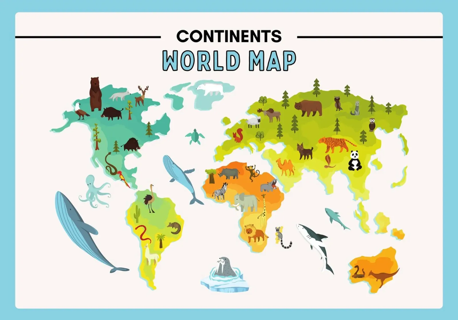 Continenten Wereldkaart Poster - Dieren & Aardrijkskunde canvas met Baklijst van vintagepod