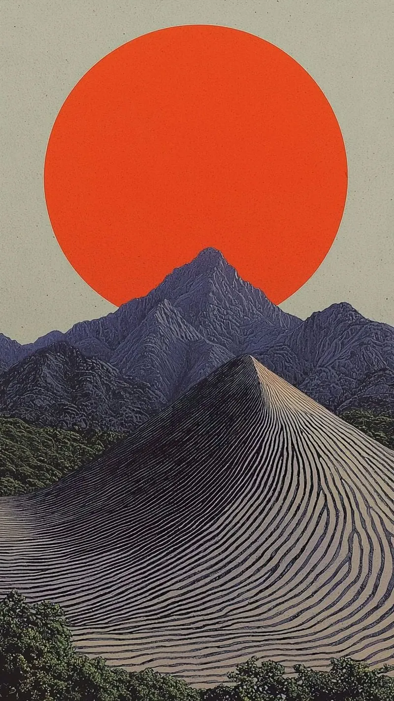 line paralel mountain red sun canvas with Floater frame by panada