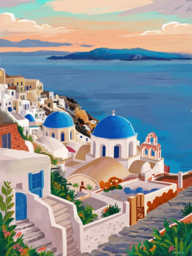 Serenidad al atardecer en Santorini lienzo con Marco flotante de Orchid Patina
