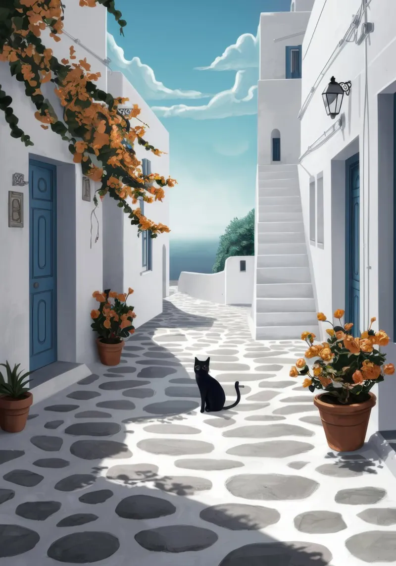 Vicolo dei gatti greci poster con telaio in alluminio da Moon Revolver