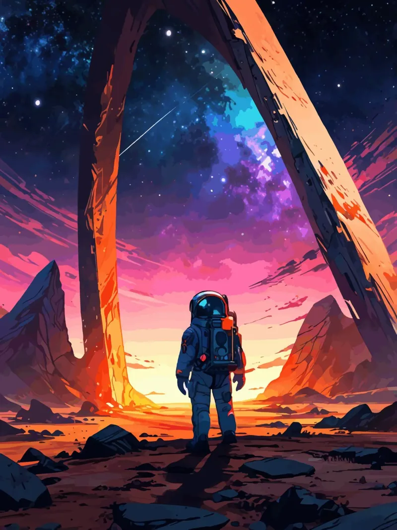 Astronaut on Alien Planet with Cosmic Sky poster by artdesign1985