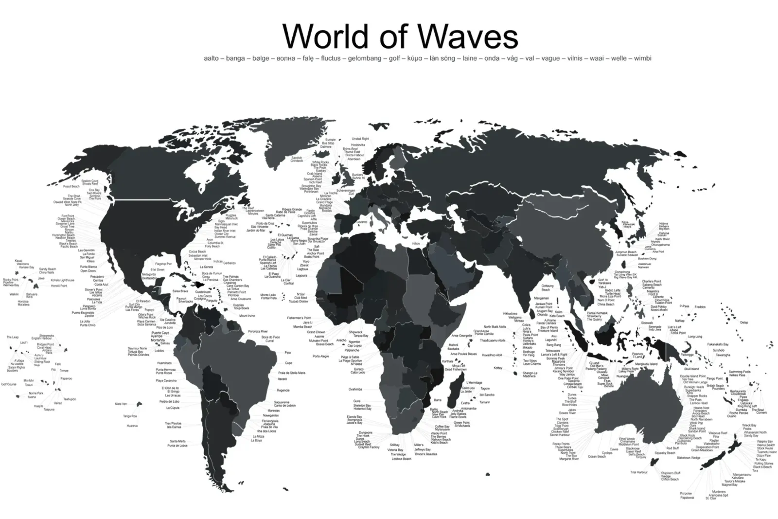 World of Waves - Minimal Surfmap - Black Edition poster avec cadre en aluminium de cat.chinq