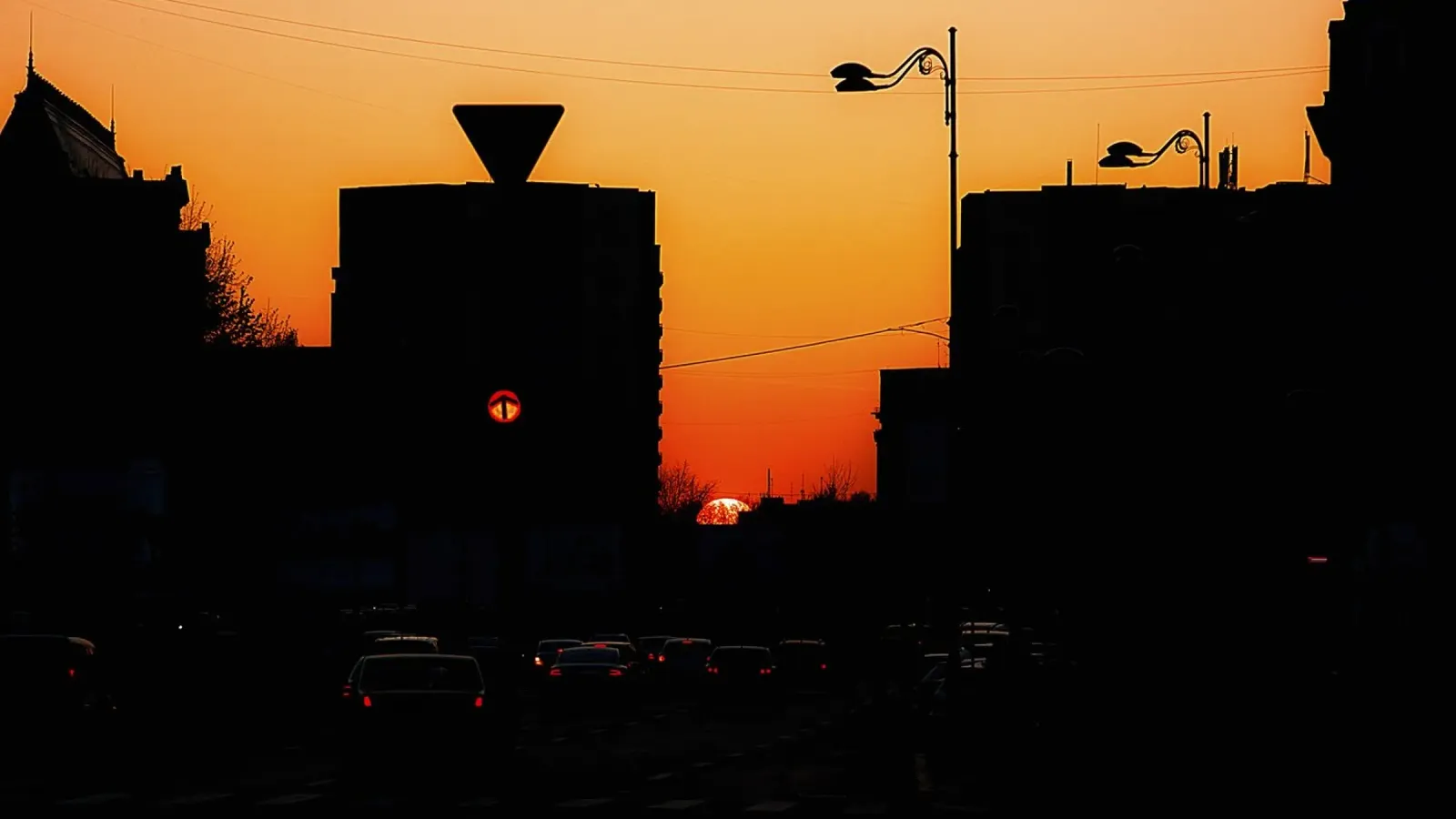 Rode lichten bij zonsondergang - Urban Silhouettes Fine Art Print canvas met Baklijst van jay