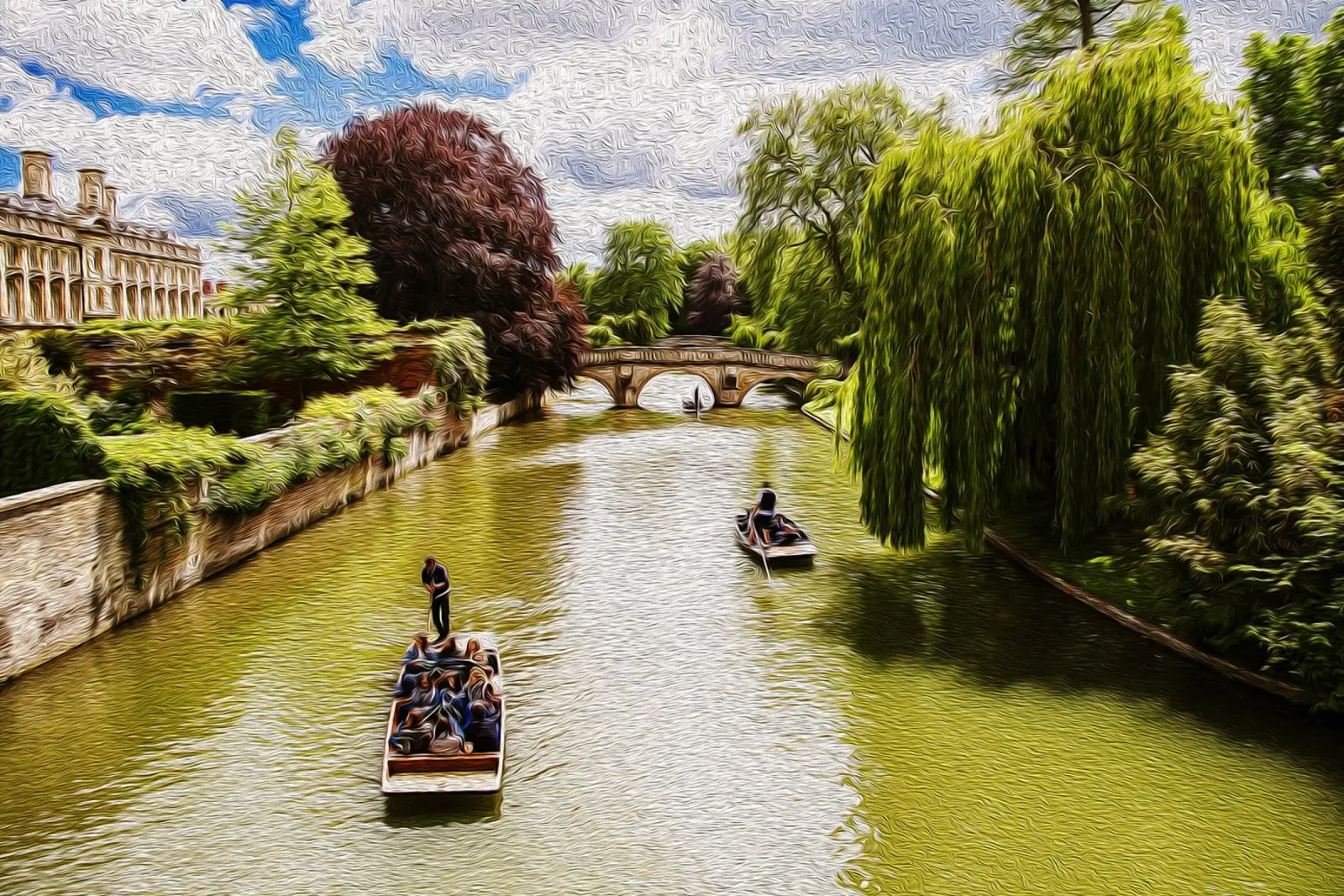 Cambridge Kanaal - Olieverfschilderij Stedelijk Landschap Print canvas met Baklijst van jay