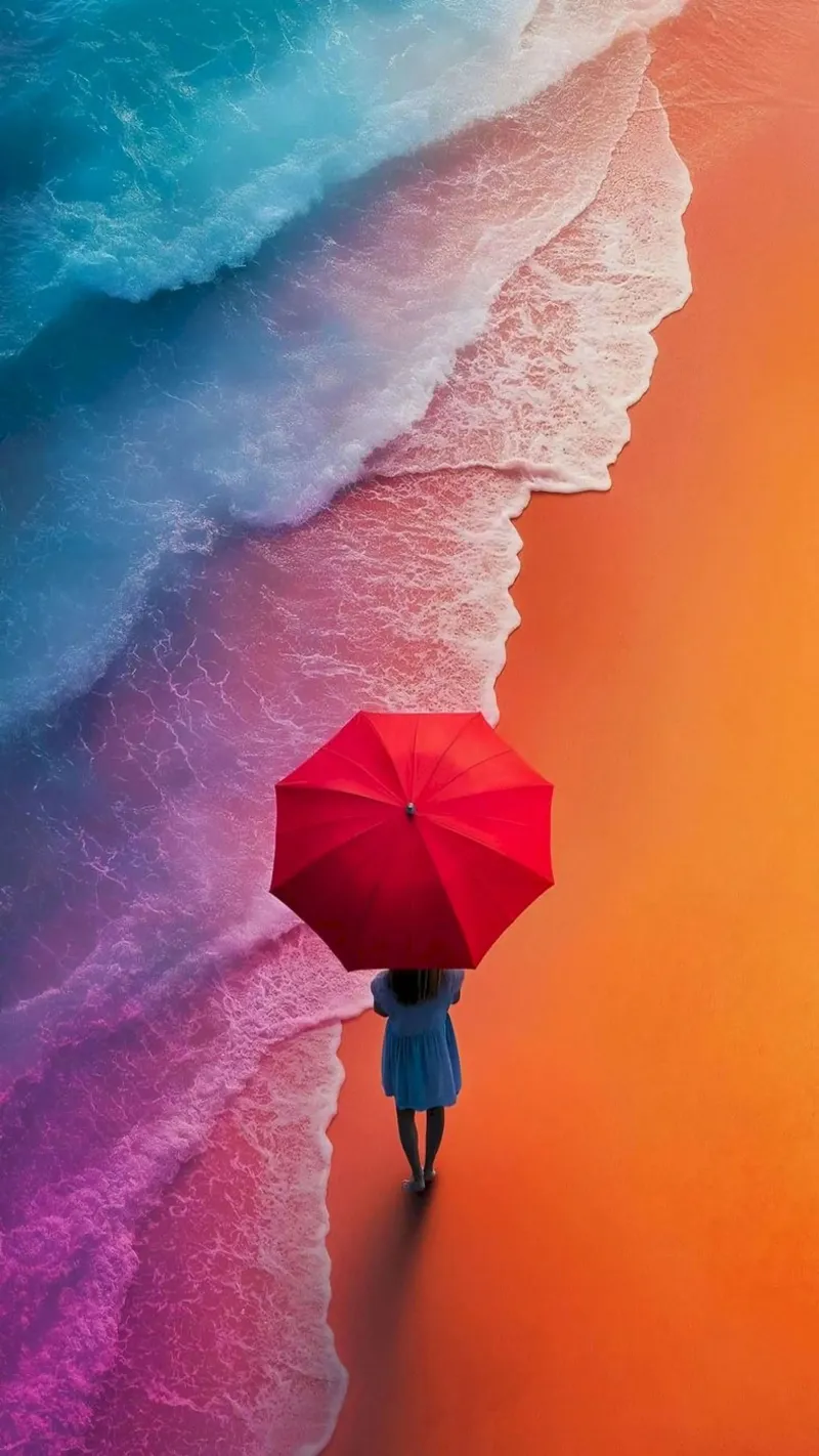 girl with red umbrella in gradient beach Leinwand mit Schattenfugenrahmen von firmana