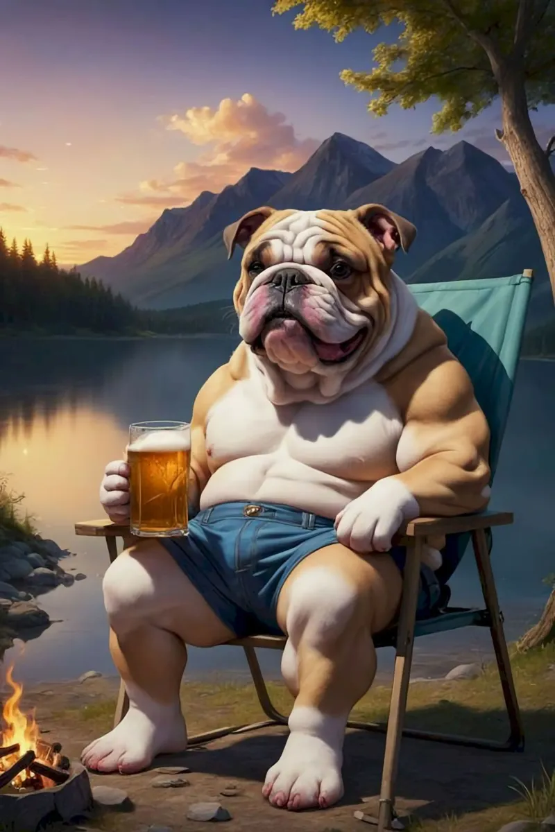 bulldog camping with beer poster con telaio in legno da throme
