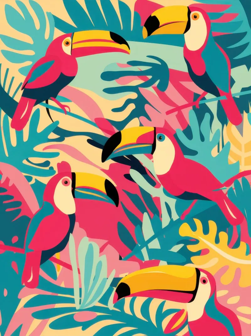 Toucan and Flamingo Fiesta poster with wooden frame by Wish Studio