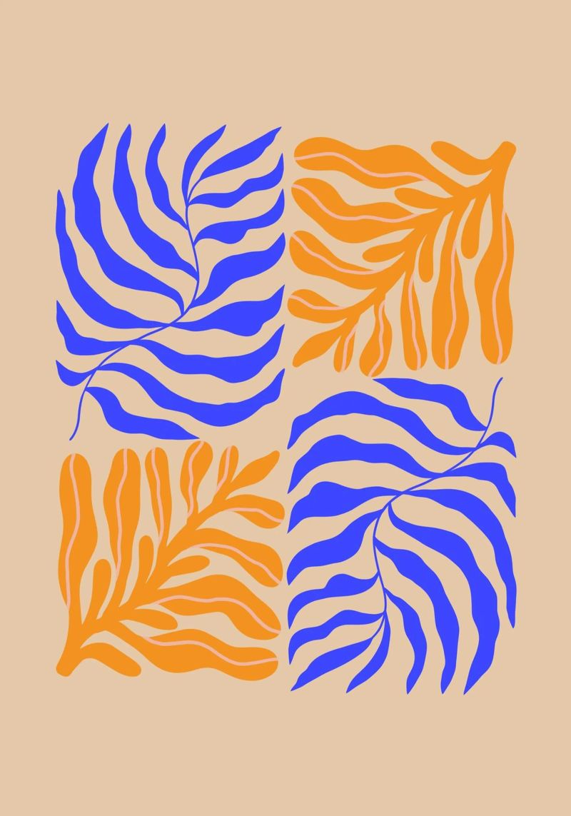 Modern Botanical Art Print | Blue and Orange Abstract Leaves poster by PrintCessStudio