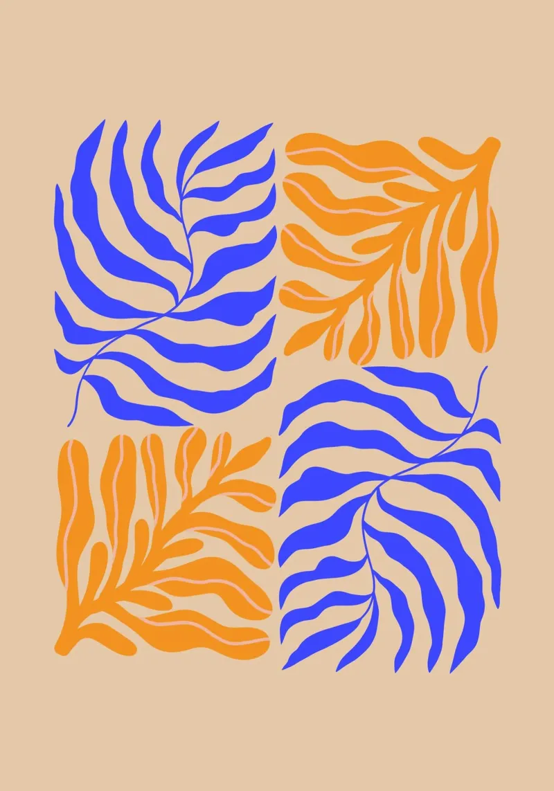 Modern Botanical Art Print | Blue and Orange Abstract Leaves poster da PrintCessStudio