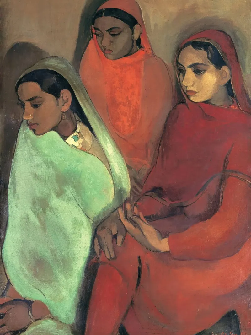 Group of Three Girls by Amrita Sher-Gil canvas with Floater frame by Rayretr