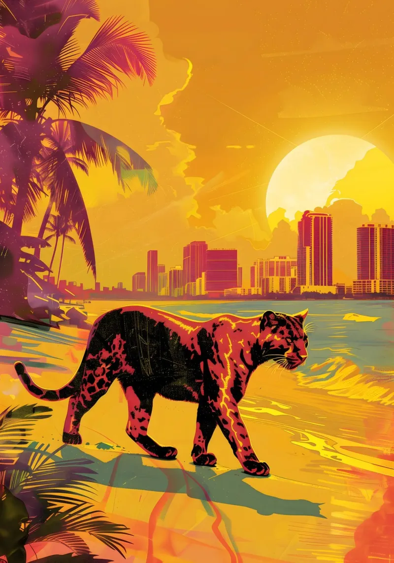 Puma on the beach in Miami canvas with Floater frame by WILD ART