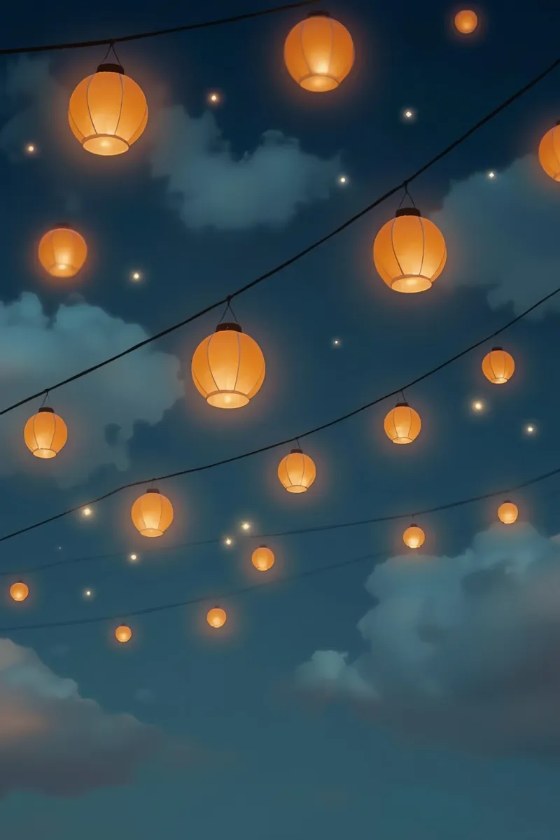Lanternes en papier illuminées dans le ciel nocturne poster de DesignDoodle