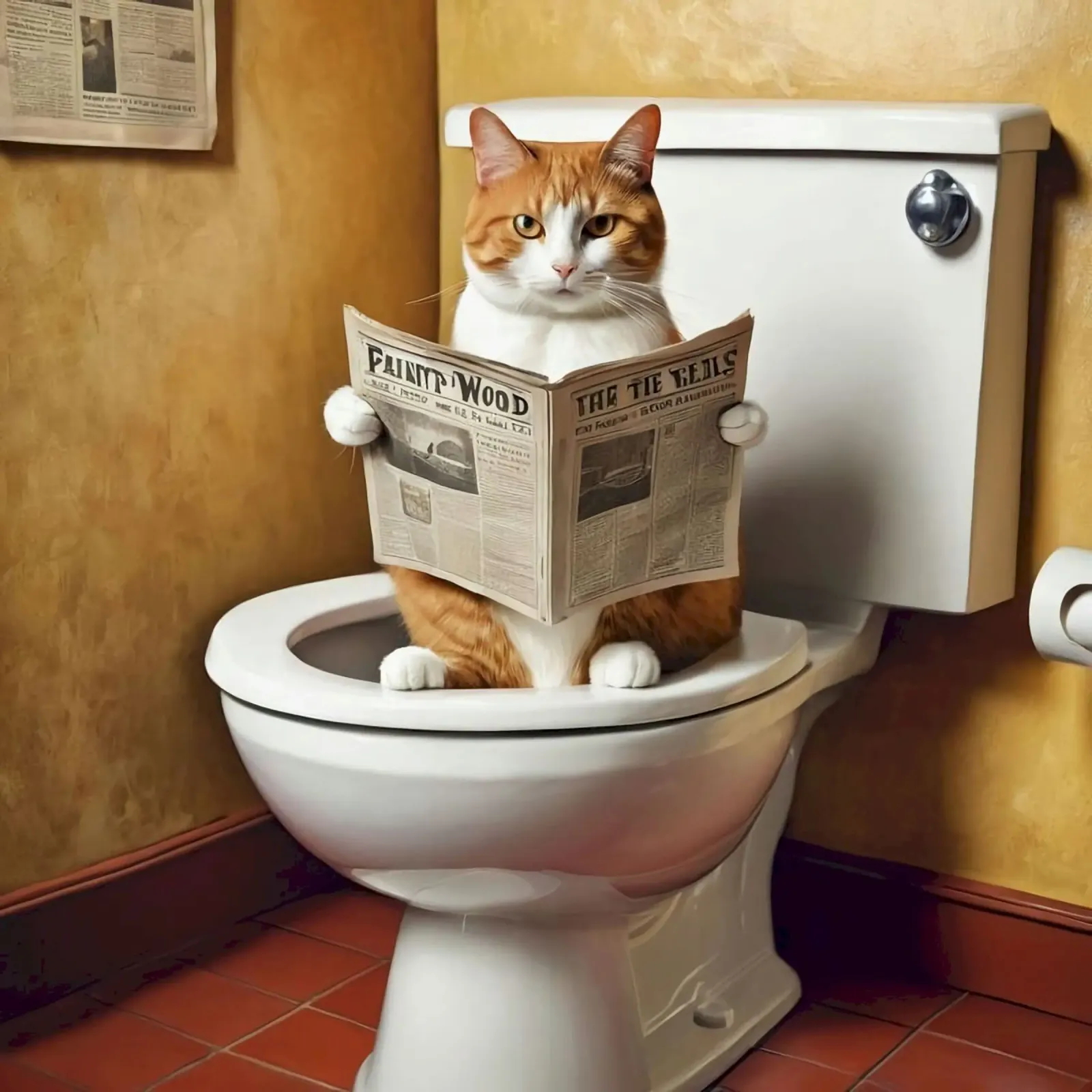 yellow cat on toilet poster con telaio in plastica da mardaven