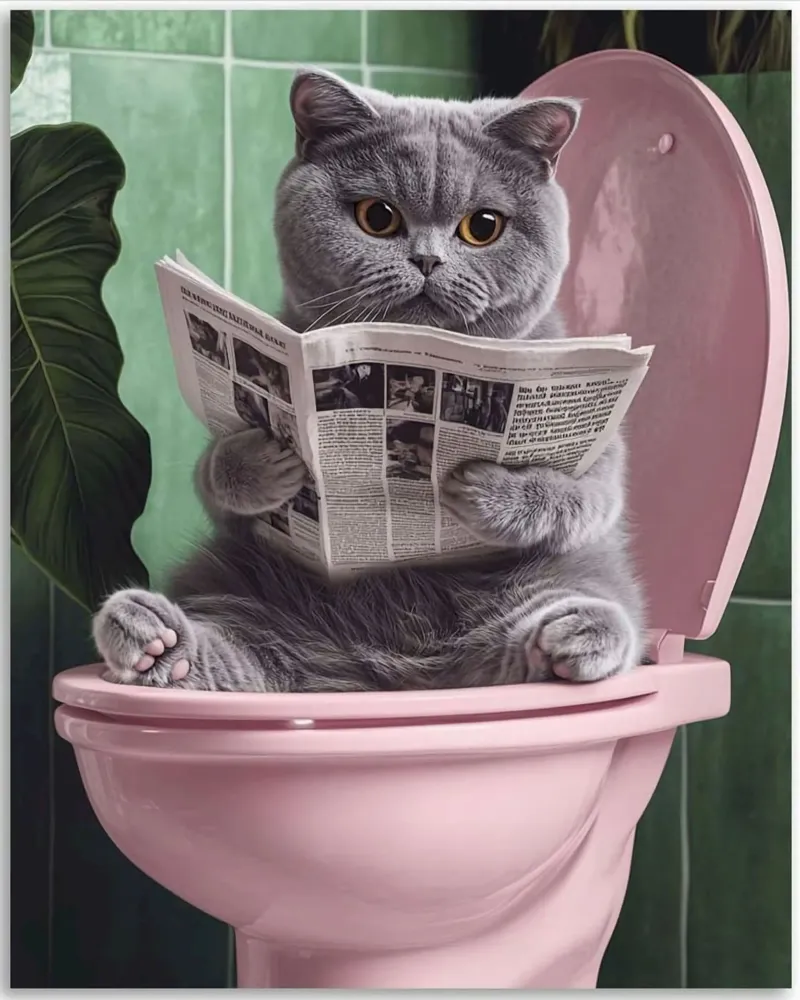 grey cat on pink toilet poster con telaio in plastica da mardaven