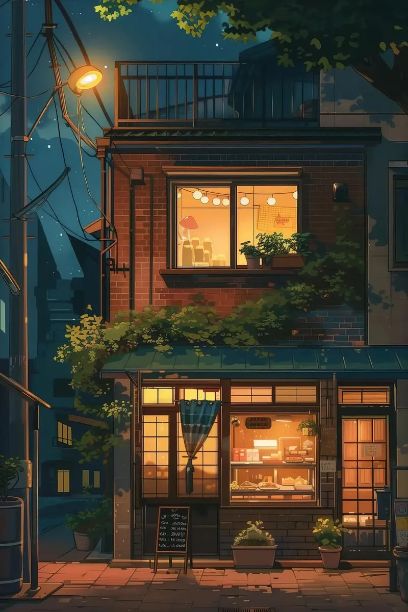 Accogliente panificio di notte - stile Ghibli poster con telaio in legno da ekssign