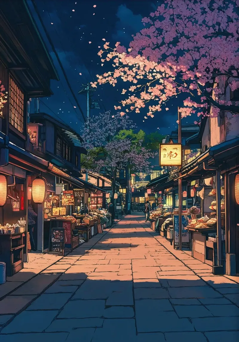 Strada giapponese di notte poster con telaio in legno da ekssign
